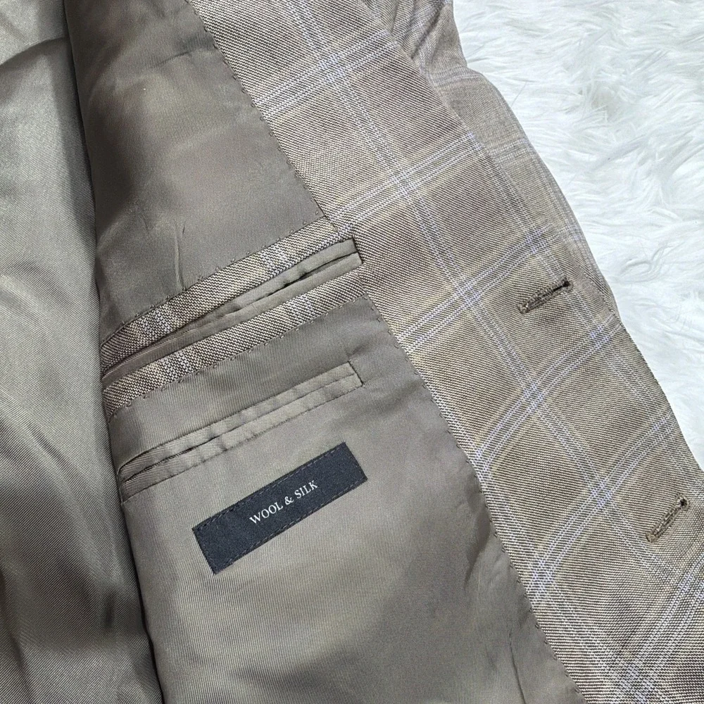 CURRENT Zegna Sport Coat Blazer Mens 46 Windowpane Check Taupe Silk Blend New!‎